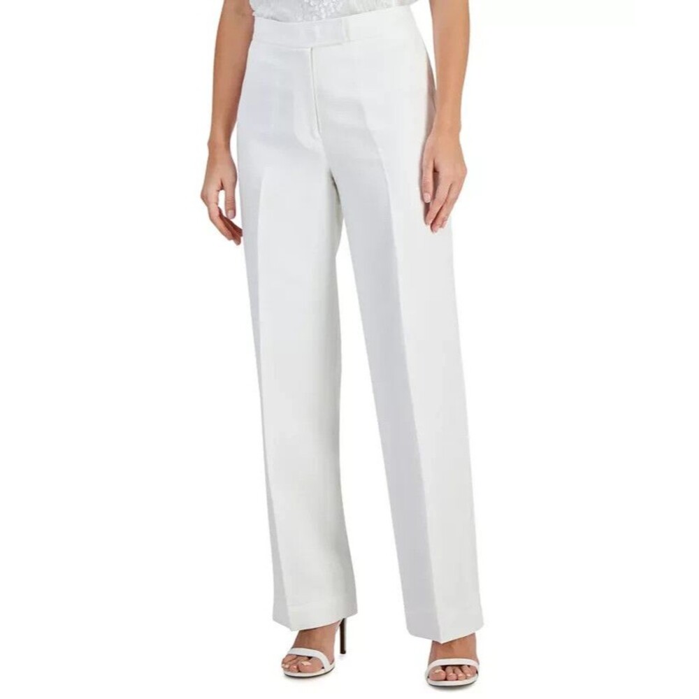 Anne Klein Women's Linen-Blend Mid Rise Wide-Leg Pants White Size 2